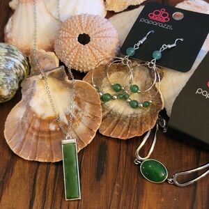 Paparazzi Green Stone Necklace, Bracelet & Hoop Earring Set